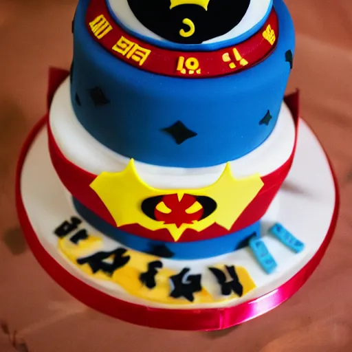 Prompt: chinese bat superhero birthday cake, kodak film,