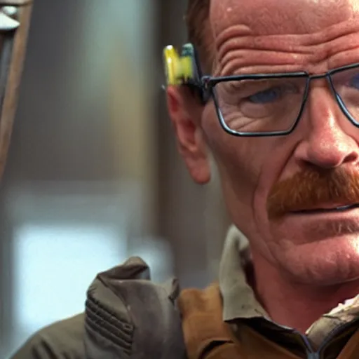 Prompt: Bryan Cranston as Gordon Freeman, holding a crowbar, still from a movie