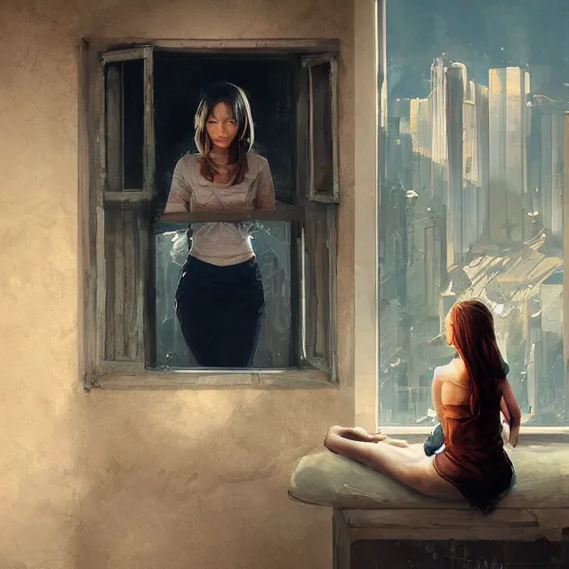 Image similar to window, eye, women, buildings, surprise, scared, couch by wlop, artgerm, greg rutkowski