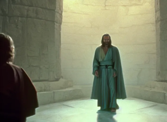 Image similar to screenshot of the force ghost glowing blue spirit of qui gon jinn speaking to Luke skywalker, in a hazy lit ancient Jedi cathedral, screenshot from the 1970s star wars thriller directed by stanley kubrick, Photographed with Leica Summilux-M 24 mm lens, ISO 100, f/8, Portra 400, kodak film, anamorphic lenses