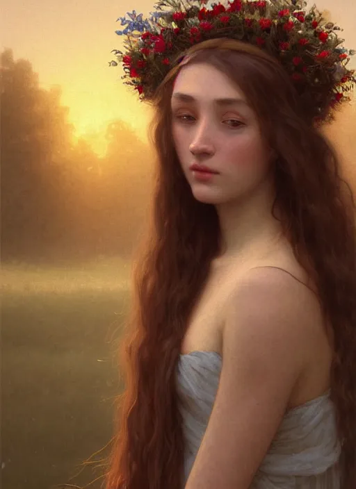 Prompt: oil painting close up portrait of a beautiful young woman with long flowing straight red hair, wearing a crown of wildflowers!! at sunset, hazy, digital art, chiaroscuro, artstation, cinematic, golden hour, digital art painting by greg rutkowski, william - adolphe bouguereau, hazy atmosphere, cinematic lighting