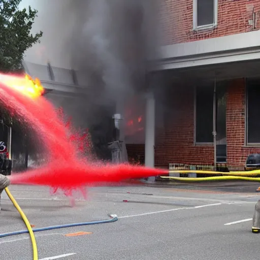 Image similar to Firefighters shooting firehose shaped flamethrower on to a building