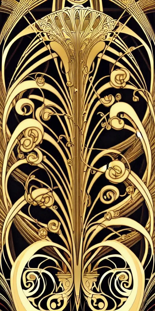 Prompt: the source of future growth dramatic, elaborate emotive Art Nouveau styles to emphasise beauty as a transcendental, seamless pattern, symmetrical, large motifs, hyper realistic, 8k image, 3D, supersharp, Art nouveau curves spirals and swirls, goldplated surfaces, Flying silk fabric, iridescent and black and gold colors , perfect symmetry, iridescent, High Definition, sci-fi, Octane render in Maya and Houdini, light, shadows, reflections, photorealistic, masterpiece, smooth gradients, no blur, sharp focus, photorealistic, insanely detailed and intricate, cinematic lighting, Octane render, epic scene, 8K