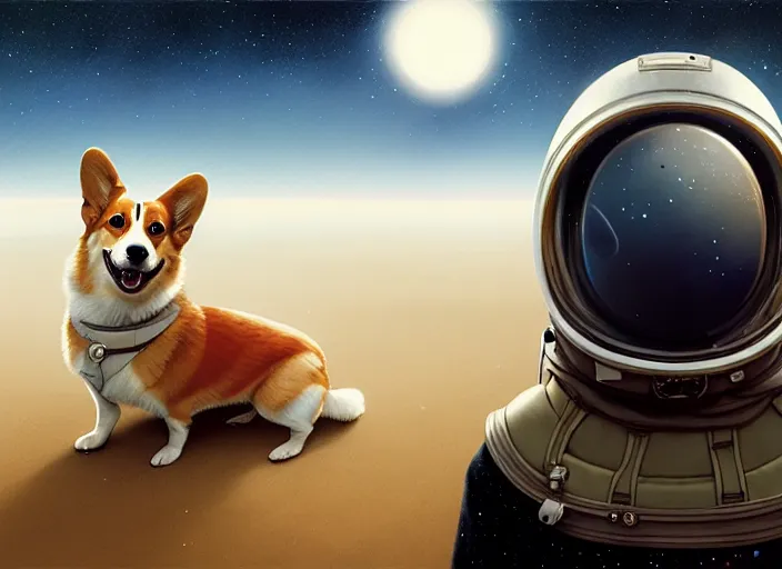 Prompt: highly detailed illustration of a corgi wearing a space helmet on an alien planet, artstation, cinematic lighting, hyperdetailed, cgsociety, 8k, high resolution, Charlie Bowater, Tom Bagshaw, Norman Rockwell, insanely detailed and intricate