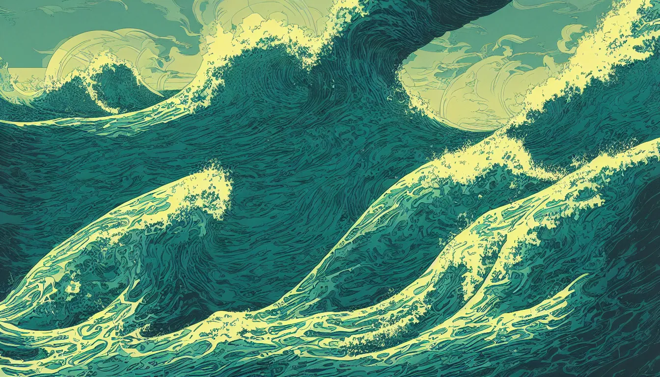 Prompt: ocean wave, land in sight by Kilian Eng