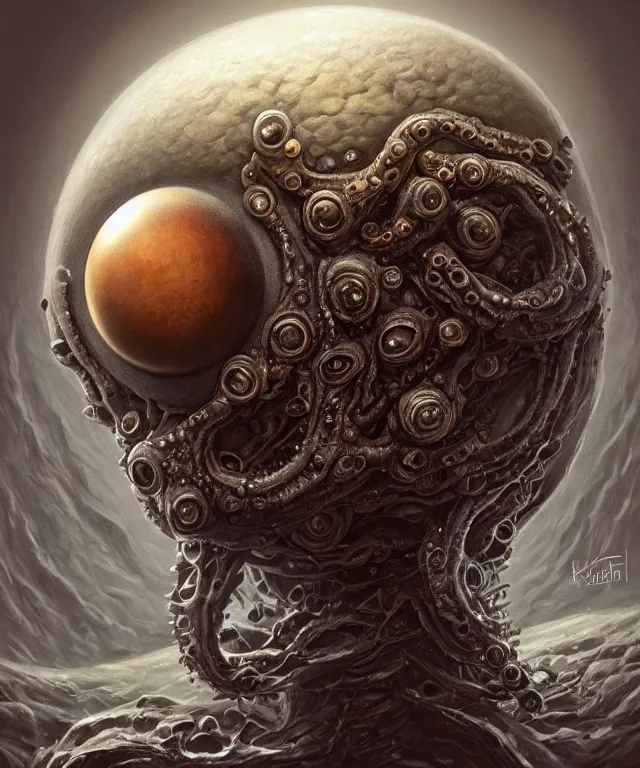 Image similar to hziulquoigmnzhah, head dangling underneath body!!!!, spherical body, elongated arms, short legs, lovecraftian horror!, surrealism, fantasy, intricate, elegant, highly detailed, digital painting, artstation, concept art, matte, sharp focus, illustration, art by keith thompson and christopher lane