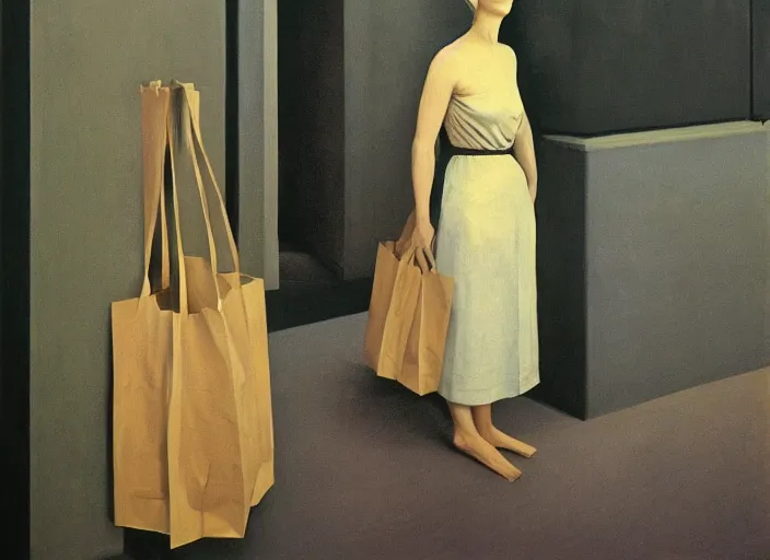 Image similar to woman wearing paper bags for clothes standing inside paper bags at store display Edward Hopper and James Gilleard, Zdzislaw Beksinski, highly detailed