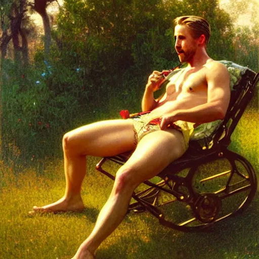 Image similar to ryan gosling mowing a lawn, sunlight glistens on his sweaty skin, painting by gaston bussiere, craig mullins, j. c. leyendecker, tom of finland