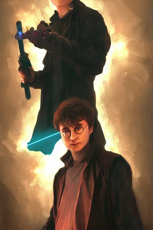 Prompt: portrait of Harry Potter with faciap in cyberpunk, neon lighting, holding laser wand, digital art from artstation by Ruan Jia and Mandy Jurgens and Artgerm and william-adolphe bouguereau and Greg Rutkowski and Wayne Barlowe