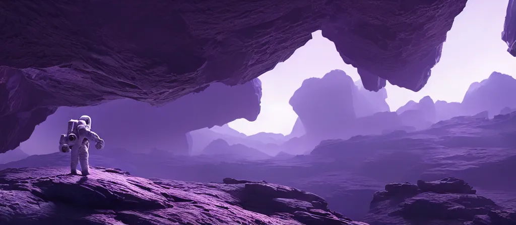 Prompt: one astronaut on purple [ [ [ crystal ] ] ] caves, beautiful dynamic lighting, cinematic, wide angle establishing shot, extremely high detail, photo realistic, cinematic lighting, post processed, concept art, artstation, matte painting, style by frederic church, raphael lacoste, unreal engine 8 k, roger deakins