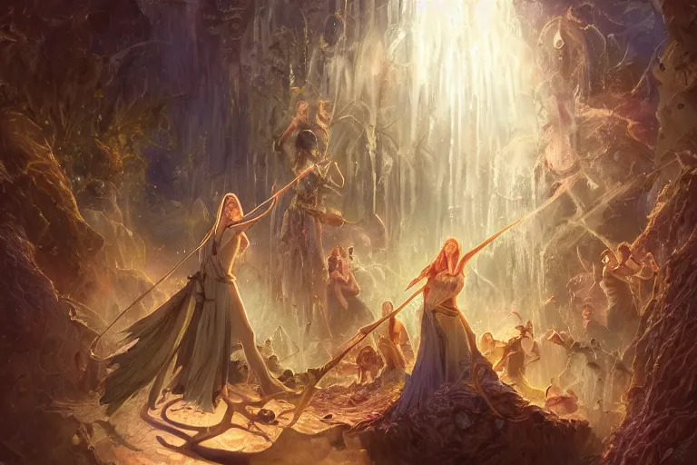 Image similar to the muses. threads of magic emanate to the world... a sacred chant rivendell, the garden of eden, sacred singers they who took up the strings of the deep, and turned the cacophony of an angry world into songs of unity and peace. morning lighting hopeful, cinematic fantasy painting, dungeons and dragons, jessica rossier and brian froud