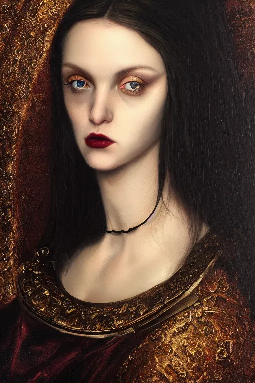 Image similar to hyperrealism oil painting, close - up portrait of european medieval brunette vampire fashion model, knight, steel gradient mixed with nebula sky, in style of baroque