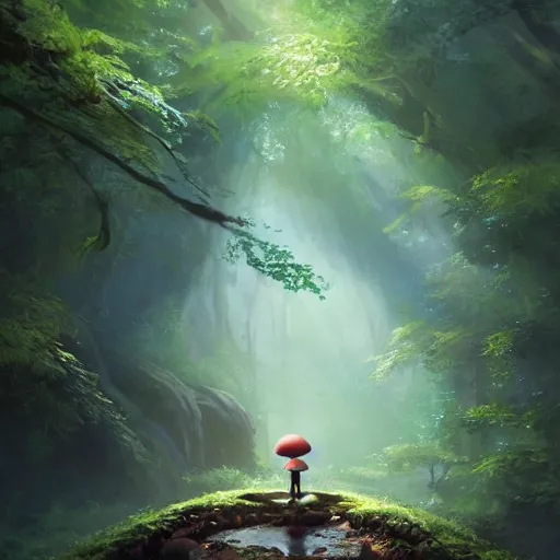 Image similar to a tiny mushroom person with a mushroom for a head walking by a stream in a lush forest. dramatic lighting cgsociety masterpiece, artstation trending, by rossdraws, ghibli, Kimi no Na wa, greg rutkowski, 4k, digital art, concept art, trending on artstation