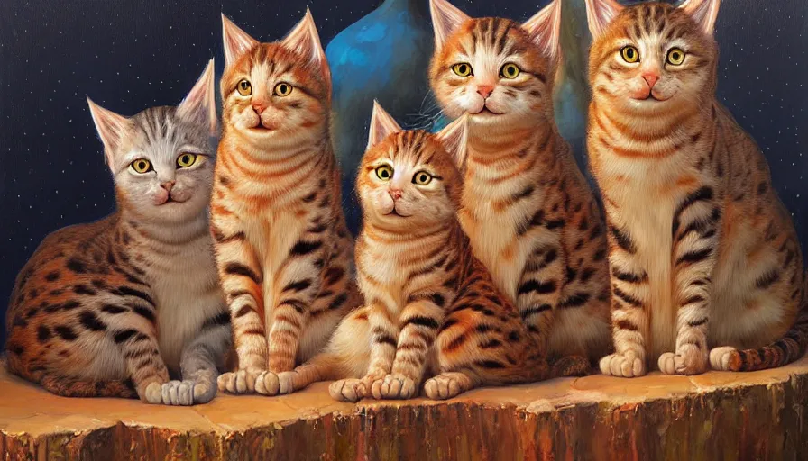 Image similar to highly detailed contemporary acrylic painting of really tall sitting cats by justin gerard, thick brush strokes and visible paint layers, vivid multicolor scheme