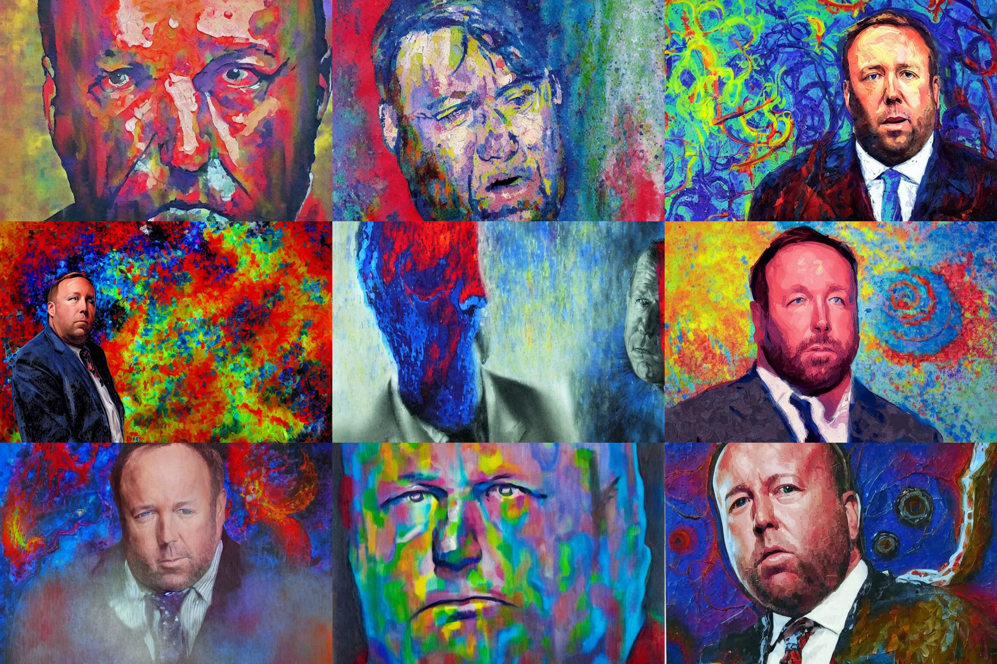 Prompt: impressionistic abstract painting of alex jones looking worried as his life collapses into the lovecraftian void around him