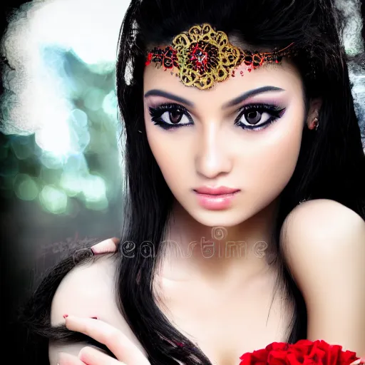 Prompt: young girl arabic oriental, black long hair, sharpe eyes very very beautiful, holding red rose high resolution 8 k, very detailed