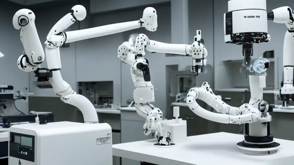 Image similar to a complex bifurcated robotic cnc surgical arm hybrid mri 3 d printer machine making black and white ceramic mutant forms in the laboratory inspection room, film still from the movie directed by denis villeneuve with art direction by salvador dali, wide lens