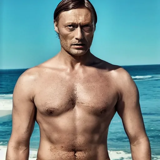 Image similar to a man who is a genetic combination of mads mikkelsen and jude law face and upper - body focus