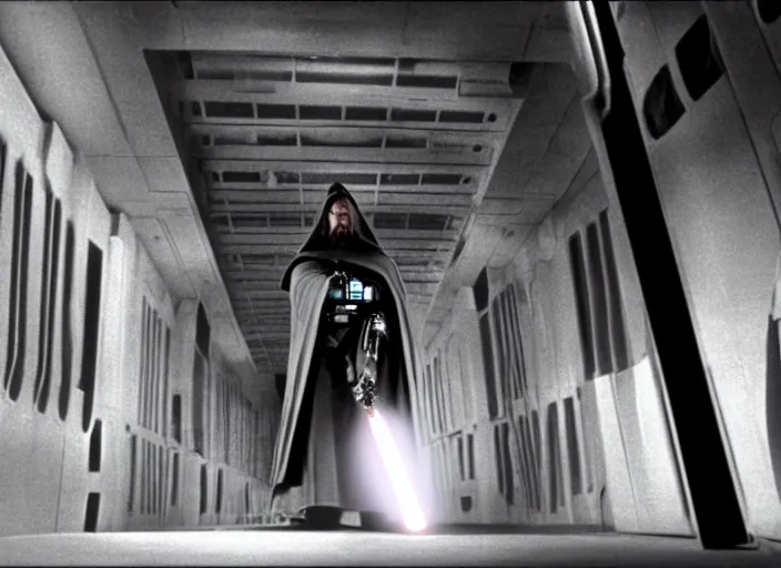 Image similar to Still of Clint Eastwood as Obiwan kenobi with his light saber in the death star corridors in Star Wars (1977)