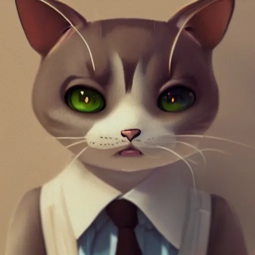 Image similar to a highly detailed close up portait of a cute little anthropomorphic cat wearing a suit by studio ghibli, tiny, small, cute and adorable, pretty, beautiful, character art portrait, matte painting, Artstation