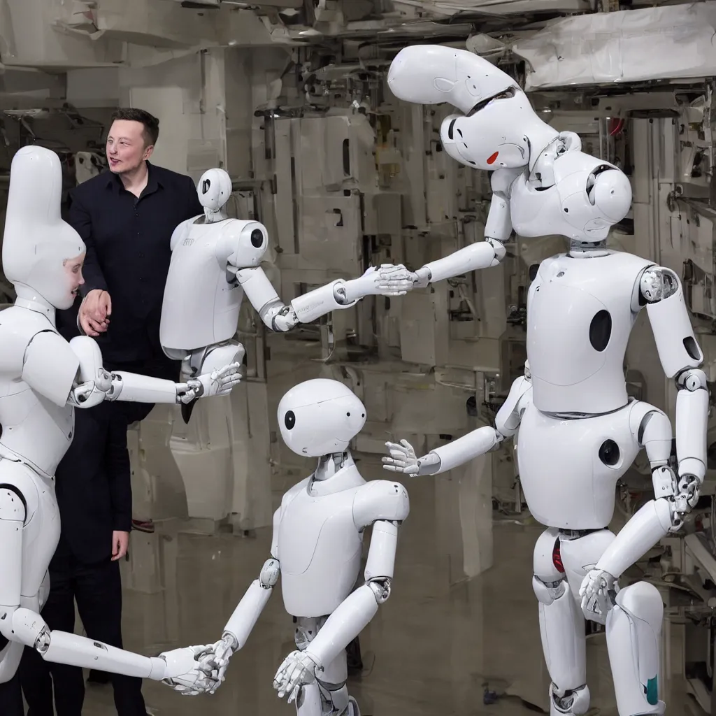 Image similar to photo pf a humanoid robot shaking hands with elon musk