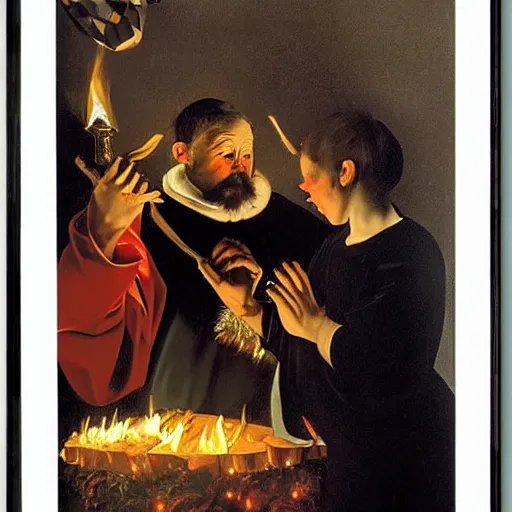 Prompt: Santa pouring burning a Christmas tree Painted by Caravaggio