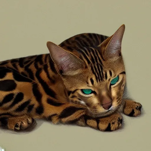 Prompt: of a beautiful bengal cat laying on my pillow, photoreal, artstation