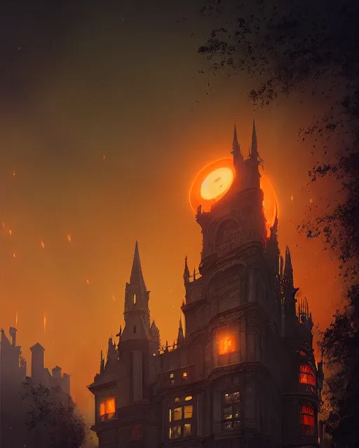 Prompt: A Towering Victorian House of The Void with big orange eyeballs staring out from the windows, Red and Orange colored, Lovecraftian, 4k, masterpiece, cinematic, glowing, by Greg Rutkowski, Trending on Artstation, Behance. Polished, Volumetric Lighting