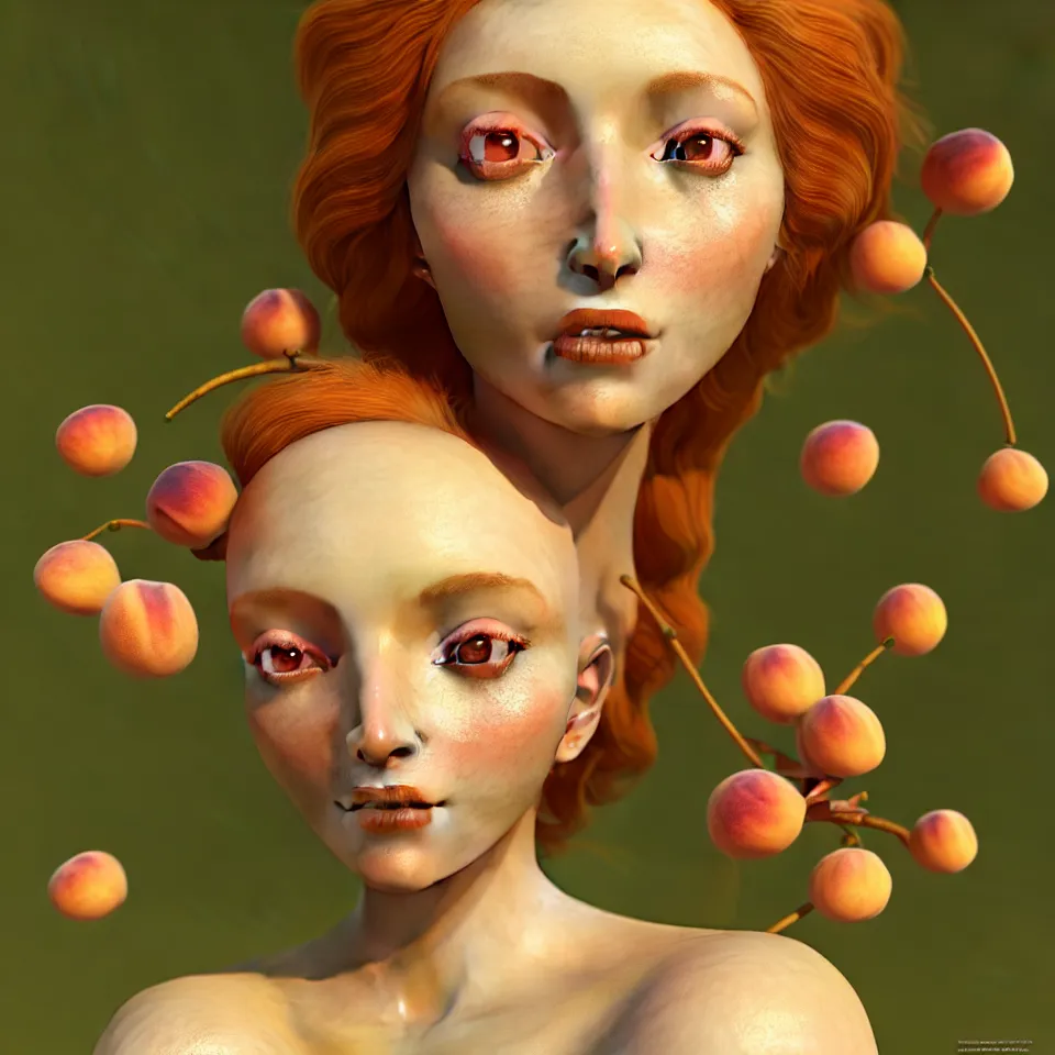 Image similar to A portrait of joyful Queen of peach fruits fairies, skin made of pale human skin. Soft details. Wide angle. clear eyes. Octane Render. art nouveau. 4k. 8k. UHD. Detailed. Trending on artstation. Bokeh.