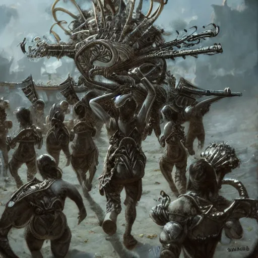 Image similar to marching band playing music, intricate detail, royo, vallejo, frazetta, giger, whealan, hd, unreal engine,