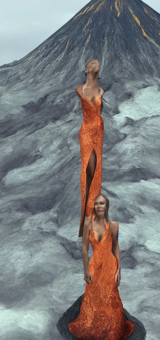 Image similar to a beautiful hyperrealistic ultradetailed 3D render ,one girl in a magnificent dress stands near a volcano, voge photo, fashion style, Annie Leibovitz photostyle, afar, fullbody, in full growth, photorealistic, high resolution, trending on artstation, highly detailed, volumetric lighting, octane render, wide angle,artstation, concept art, master illustration, elegant, details, good clear quality, volumetric lighting,