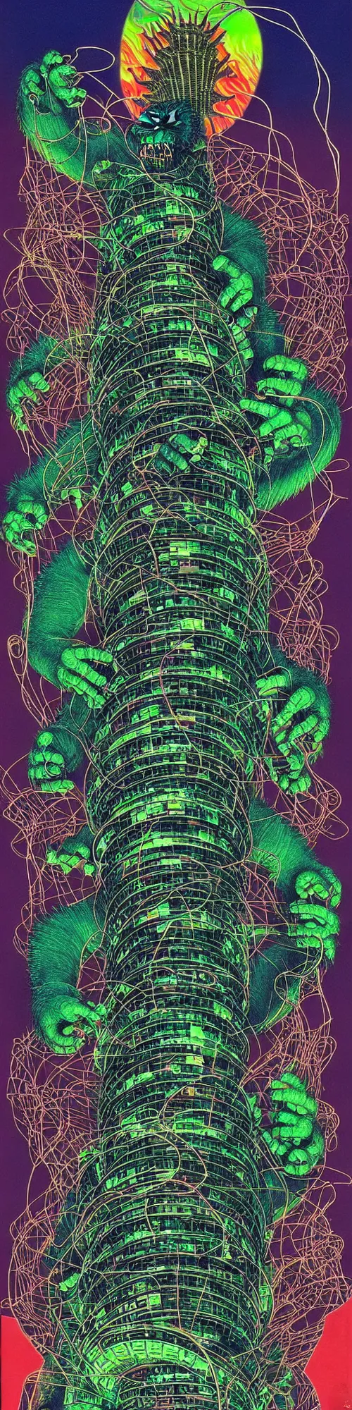 Prompt: hologram king kong and godzilla spiraling together like liquid smoke, loose wires, exposed circuits, trash, china monster building, brutalism, hr giger, basil wolverton, minakari, vegetal patterns, muted but vibrant colors