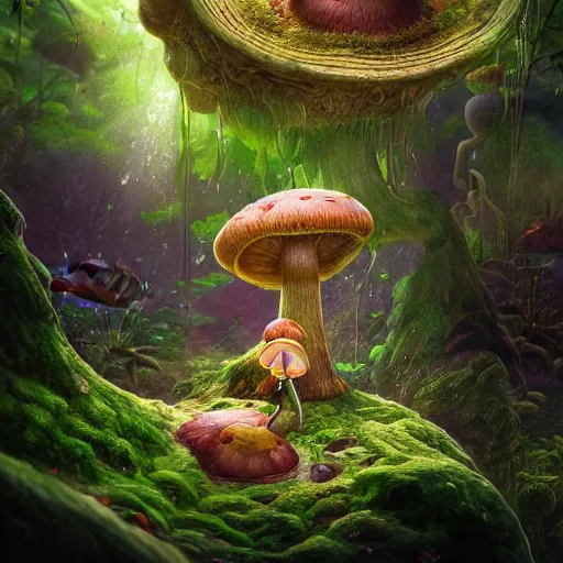 Image similar to Intricate detailed illustration, A small sentient and happy mushroom frolicking in a lush tropical jungle, 🍄 , cinematic lighting, by Philip Hood, wide angle, volumetric light scattering, 8k, artstation, concept art,