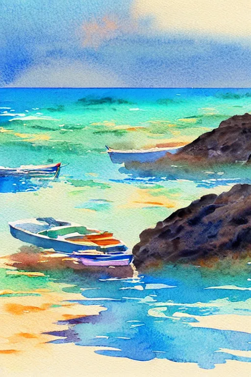 Prompt: watercolor painting of realistic hawaii coast, summer period with boats, watercolor, tonal colors, natural lighting, blue.