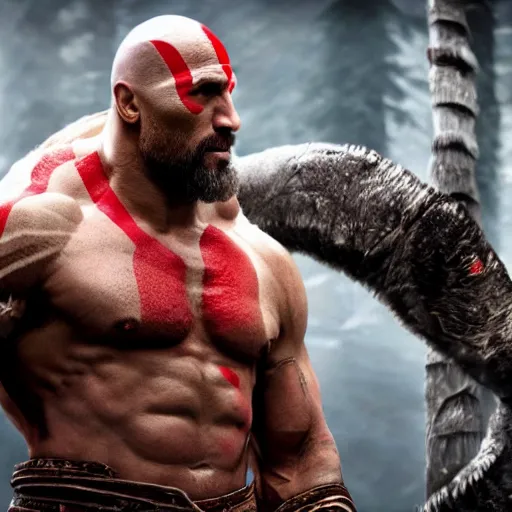 Prompt: Dwayne Johnson as God of war, professional photography