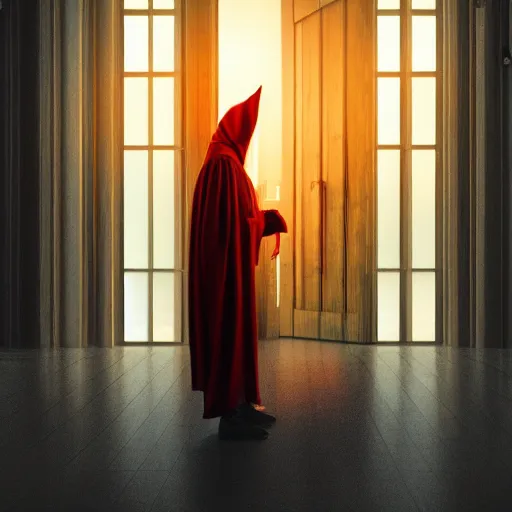 Prompt: a wizard in a cloak standing in front of the door of wisdom, tall door, high ceiling, magic light, cinematic atmosphere, high definition, ultra detailed