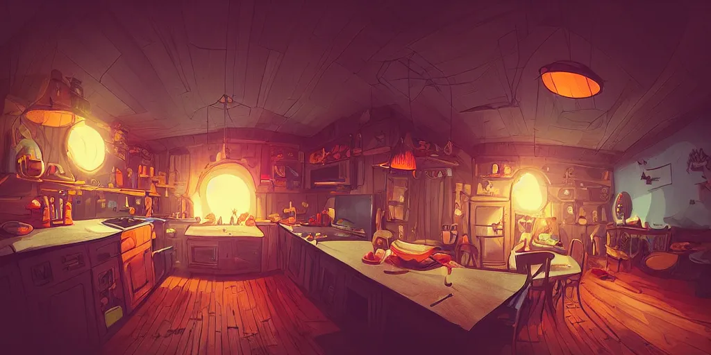 Prompt: epic illustration fisheye lens of a wooden kitchen dim lit by 1 candle in a scenic environment by Anton Fadeev