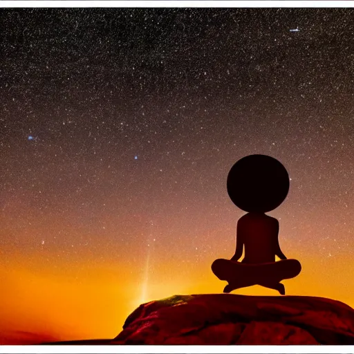 Image similar to Film still of silhouette of indian statue, sukhasana, starry sky, flying saucer, ufo, ufo, ufo, with radiating hill, full shot