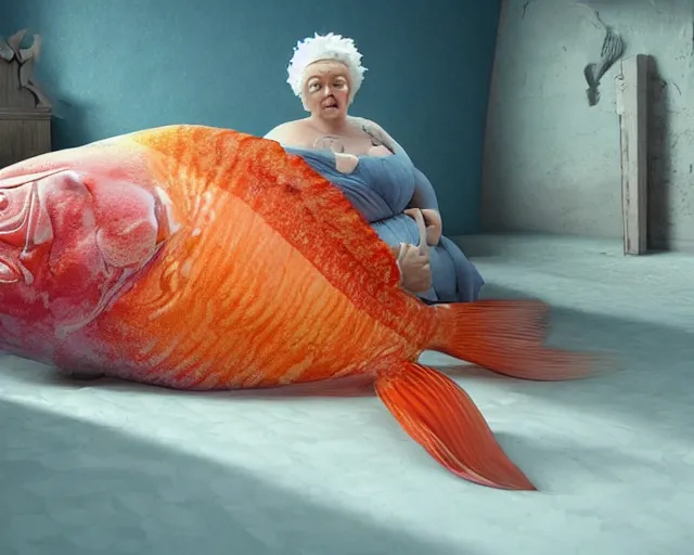 Prompt: of a very beautiful scene. ambient occlusion render. a sweet fat old woman is giving birth to a huge colorful fish. hyper realistic. 4 k. wide angle. mirror. symmetrical face, red mouth, blue eyes. deep focus, lovely scene. ambient occlusion render. concept art. unreal engine. - n 9