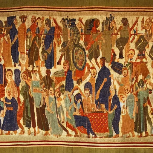 Image similar to ancient tapestry of an absolutely chaotic nightclub scene