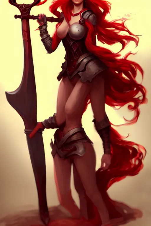 Image similar to a woman with red hair holding two large axes, concept art by senior character artist, true anatomy, artstation contest winner, fantasy art, concept art, artstation hd, 2 d game art