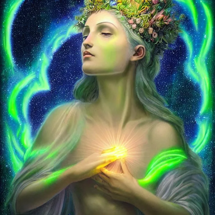 Prompt: the rise of the divine feminine goddess, bioluminescent, aurora in the universe, cosmos, divine power energy, light force, hyper - realistic, highly detailed, mystical, sharp focus, realistic, sci - fi, the awakening of the divine energy