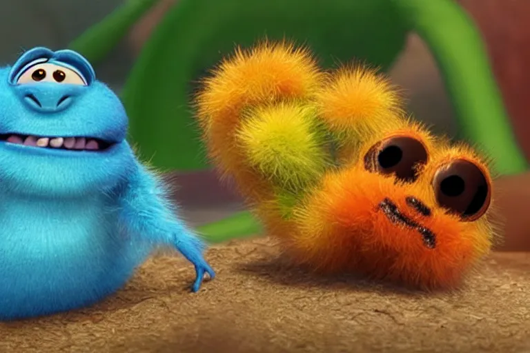 Image similar to disney pixar's a bug's life, cgi caterpillar colorful, furry caterpillar