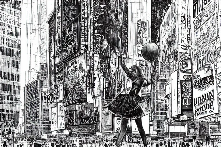 Image similar to an intricate, awe inspiring cyberpunk illustration of a girl with balloon, Times Square, by Ansel Adams ((black and white))