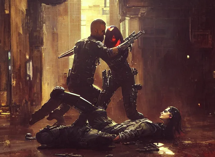 Image similar to Maria evades sgt griggs. Cyberpunk hacker escaping Cyberpunk policeman in combat gear. (police state, Cyberpunk 2077, blade runner 2049). Cyberpunk Iranian orientalist portrait by john william waterhouse and Edwin Longsden Long and Theodore Ralli and Nasreddine Dinet, oil on canvas. Cinematic, Dramatic lighting.