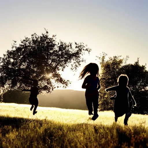 Image similar to two silhouetted children running across a hilltop with with one oak tree at far right of picture. A sun-filled dusk sky backdrop. photo by annie Liebowitz