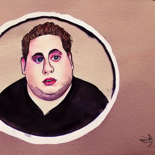 Prompt: jonah hill, stylized. Watercolor and ink. 1980s.