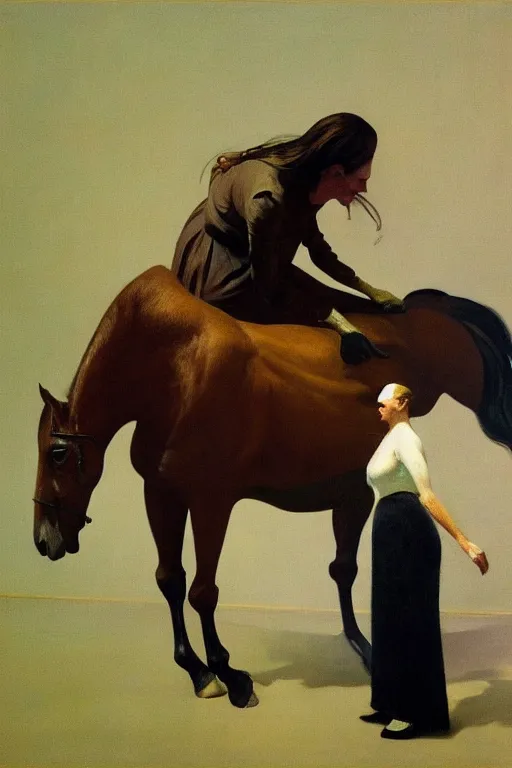 Image similar to a woman mounting a horse that looks like a man, hauntingly surreal, highly detailed painting by francis bacon, edward hopper, adrian ghenie, gerhard richter, and james jean soft light 4 k,