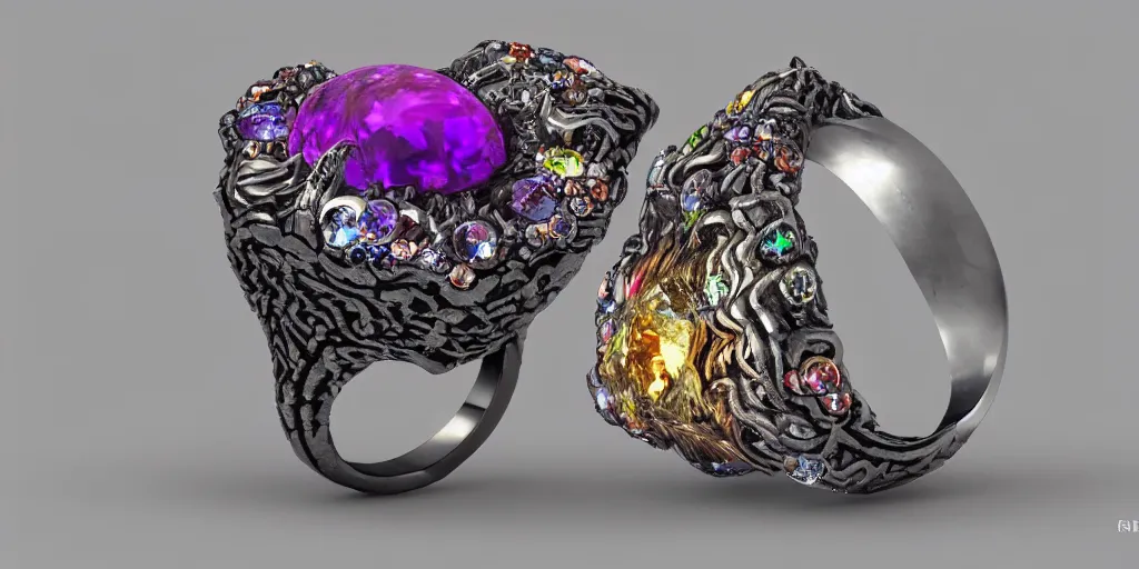 Image similar to magic crystal ring, fire, stone, crystal, engravings, diamonds, colorful, art by gerald brom, greg rutkowski, photo realism, unreal engine, c 4 d