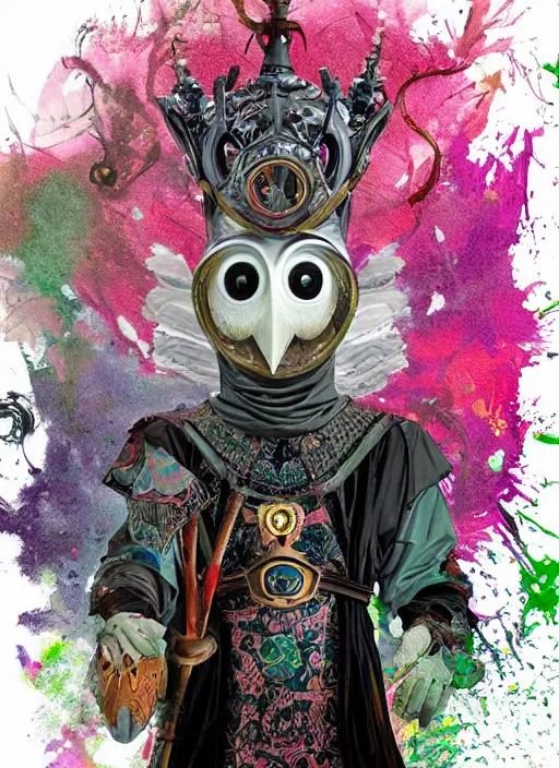 Prompt: arrogant medieval medium shot of white owl with one giant eye dressed in samurai garment, pixiv fanbox, dramatic lighting, maximalist pastel color palette, splatter paint, pixar and disney exploded - view drawing, graphic novel by fiona staples and dustin nguyen, peter elson, alan bean, wangechi mutu, clean cel shaded vector art, trending on artstation